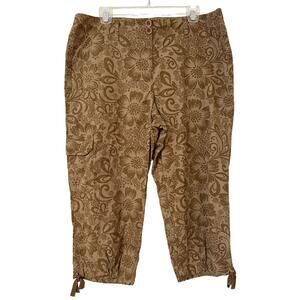 Liz & Co Size 14 Capris Brown Floral Design Slip Pockets 2 Button Zip Closure